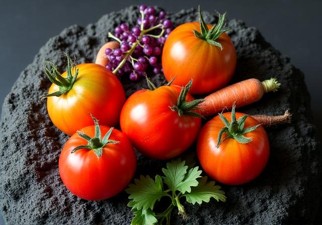 Frische, bunte Zutaten auf dunklem Lavagestein