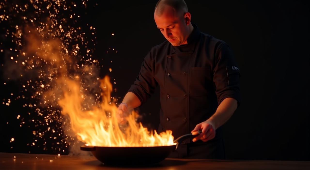 Ein Koch hantiert mit offenem Feuer über einer gusseisernen Pfanne
