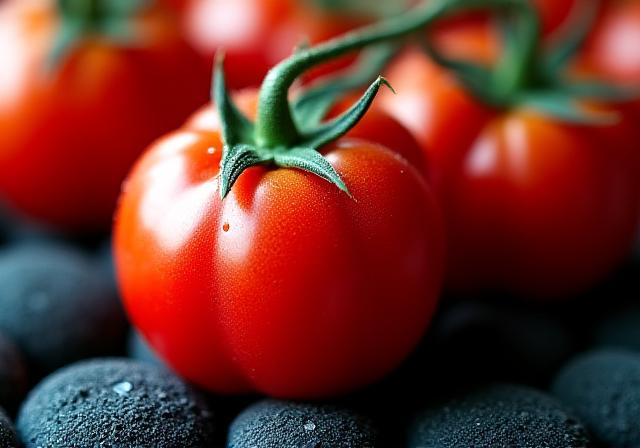 Frische, tiefrote San Marzano Tomaten auf vulkanischem Gestein
