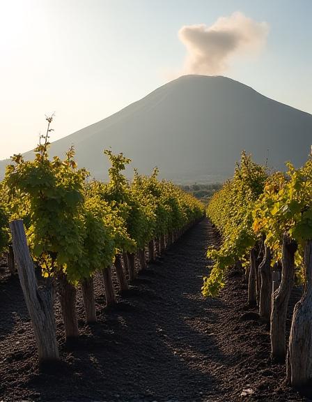 Ein Weinberg am Hang des Mount Etna unter dramatischem Himmel